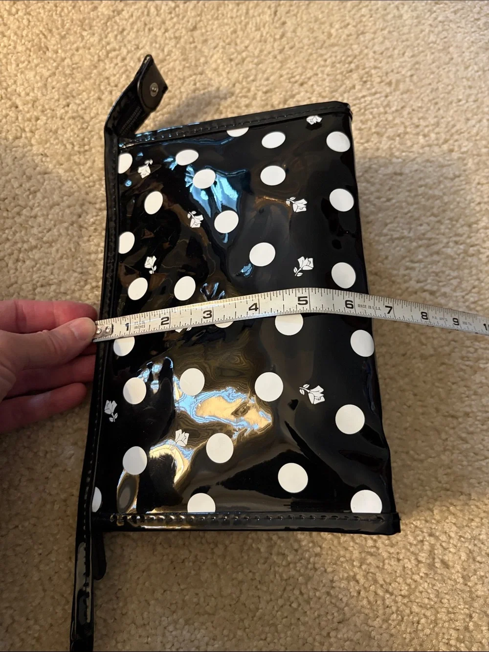 Lancome Black & White Rose Polka Dot Glossy Wristlet Pouch/Cosmetic Bag NWOT
